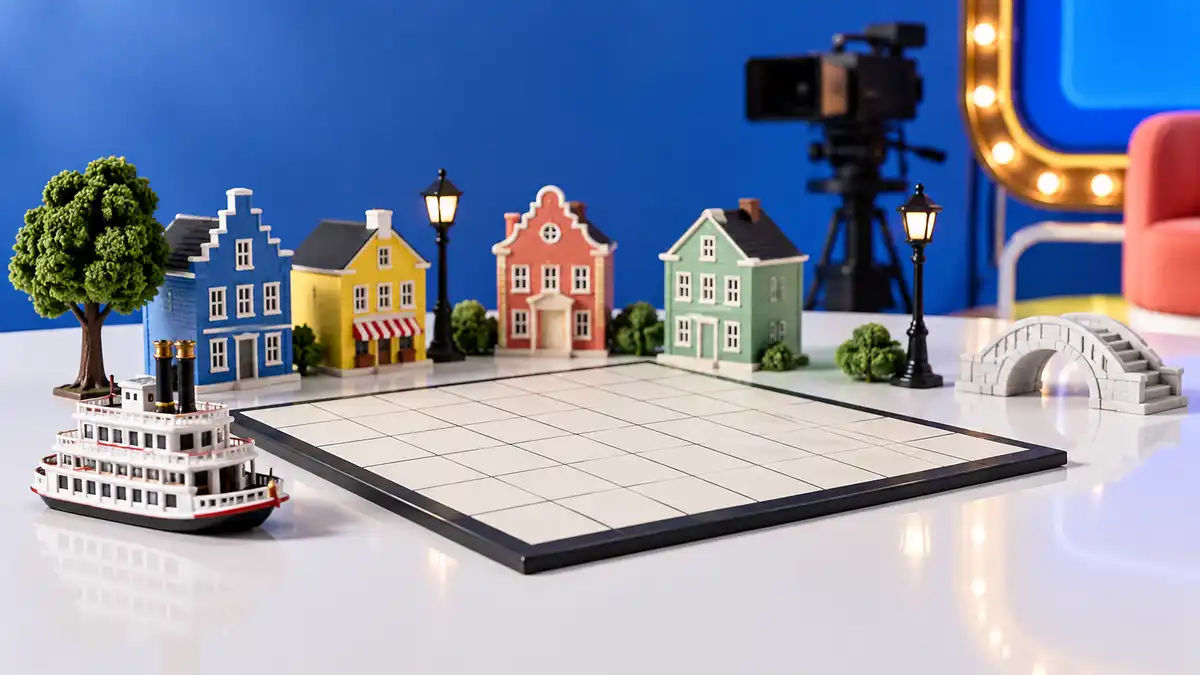 AI 概念圖:小屋、河船和空白格盤,非 MONOPOLY 官方棋盤或號碼卡。